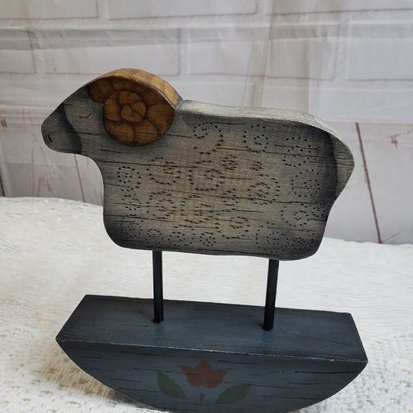 Primitive Farmhouse Painted Wooden Ram Sheep on Rocker Decor Accent - Picture 1 of 9